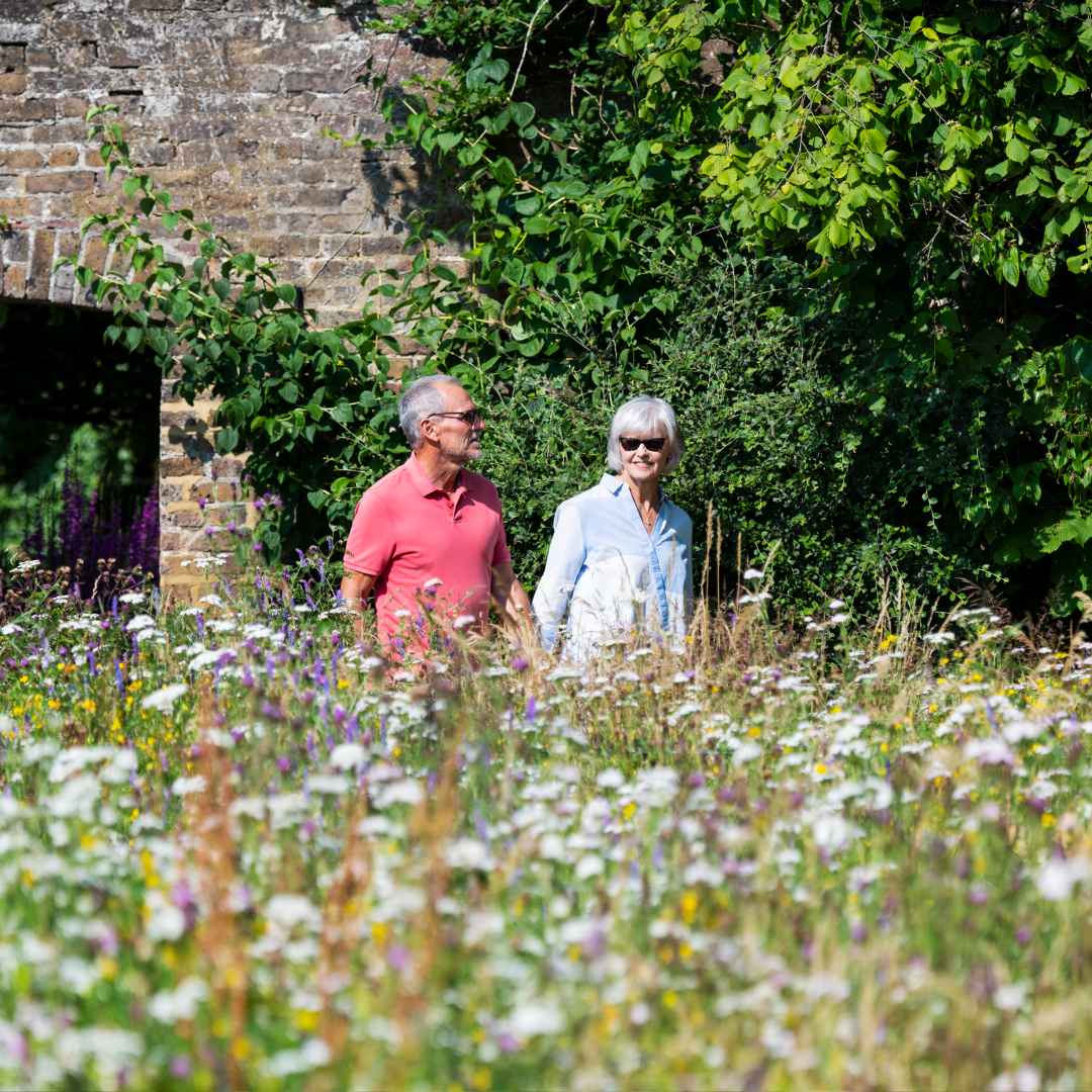 A couple walking thorough a wildflower meadow