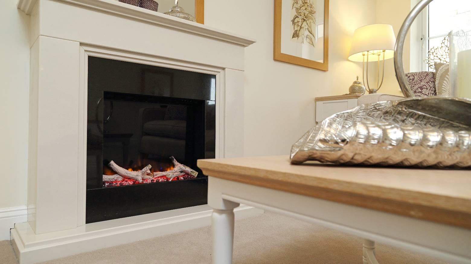 A fireplace in a modern home