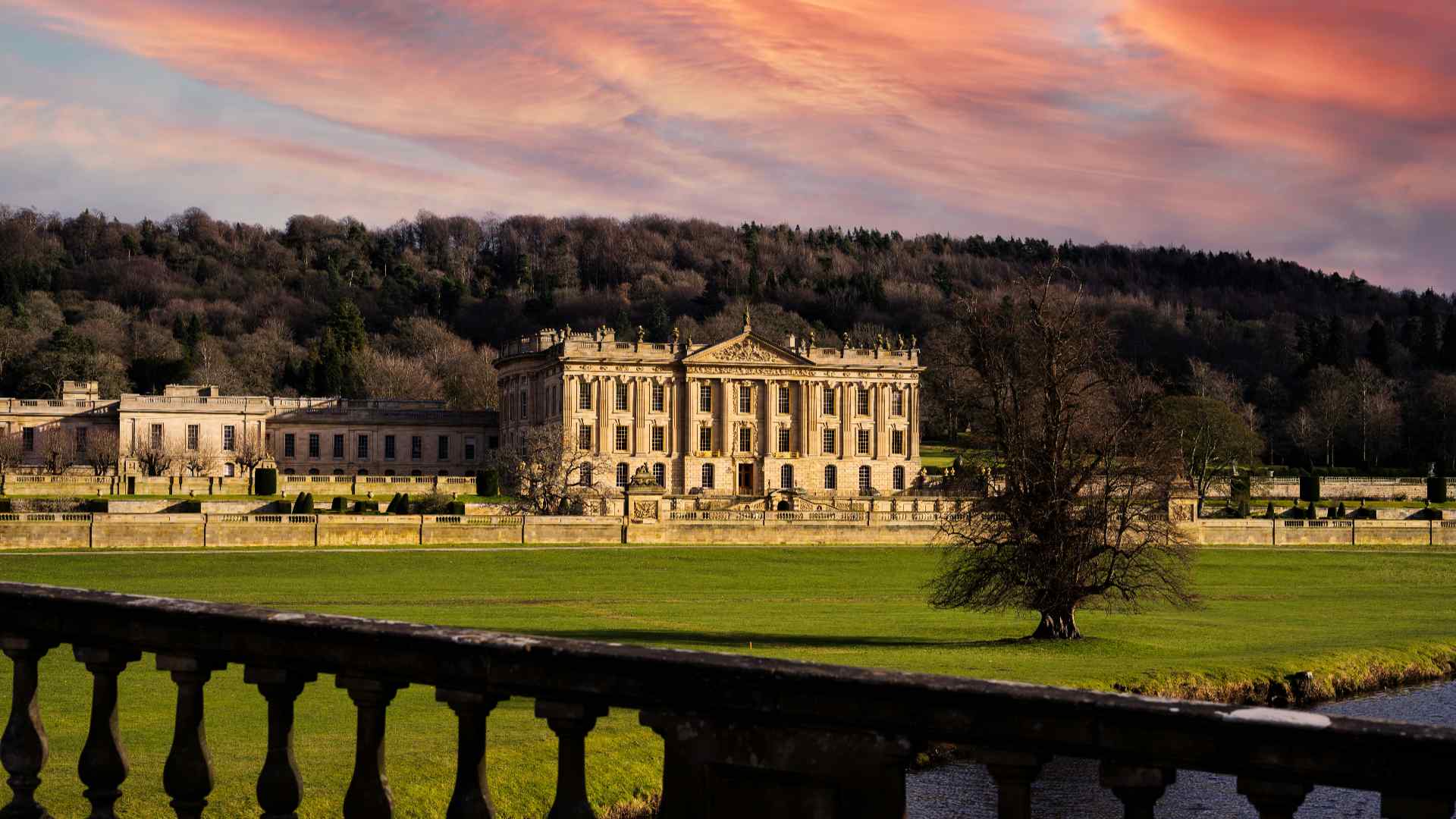 Chatsworth house exterior at sunset.