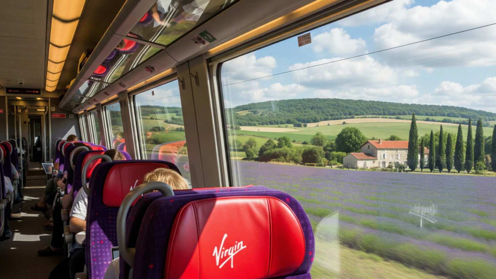 Interior of proposed Virgin train in French countryside.