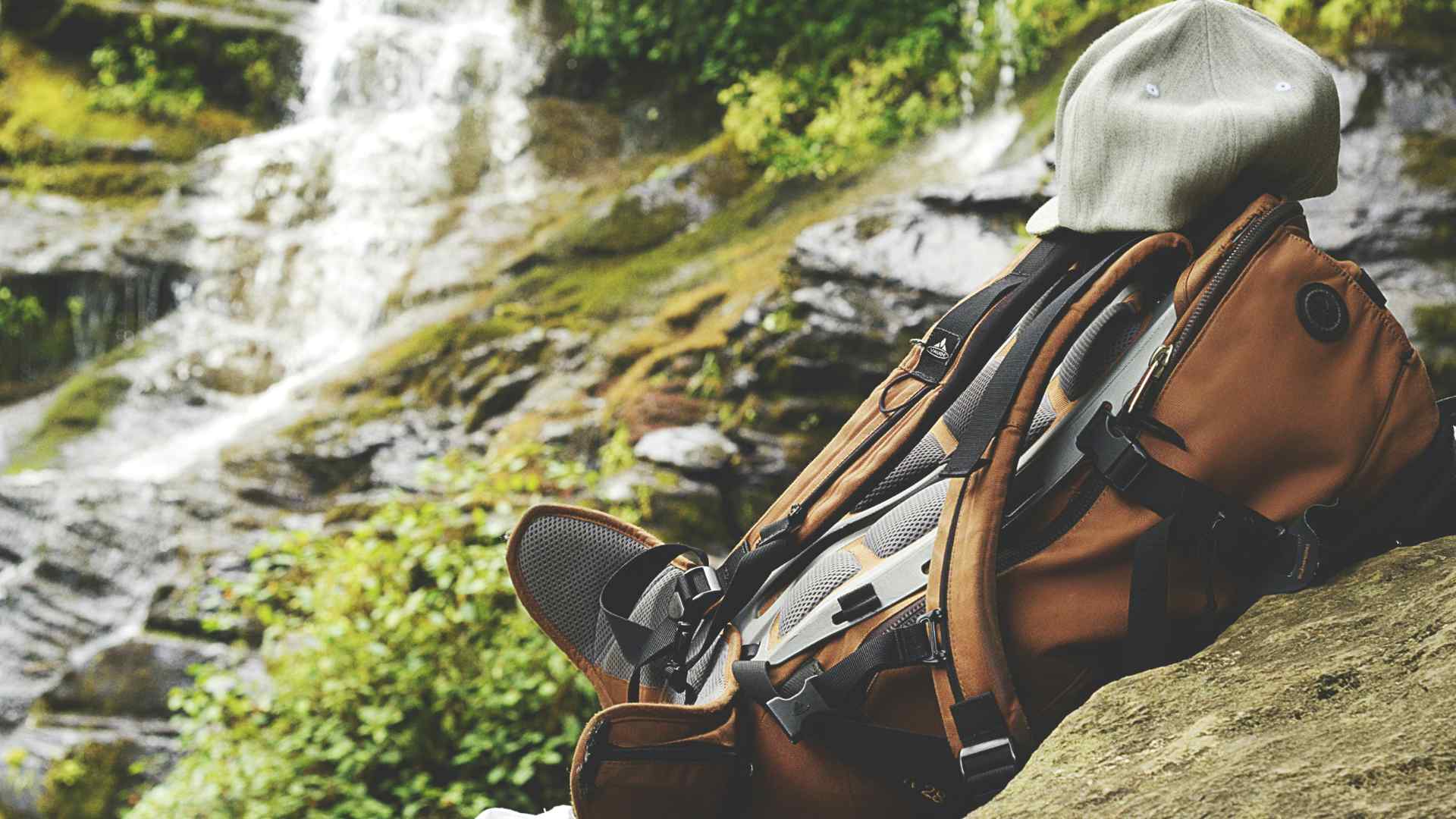 Rucksack resting a waterfall