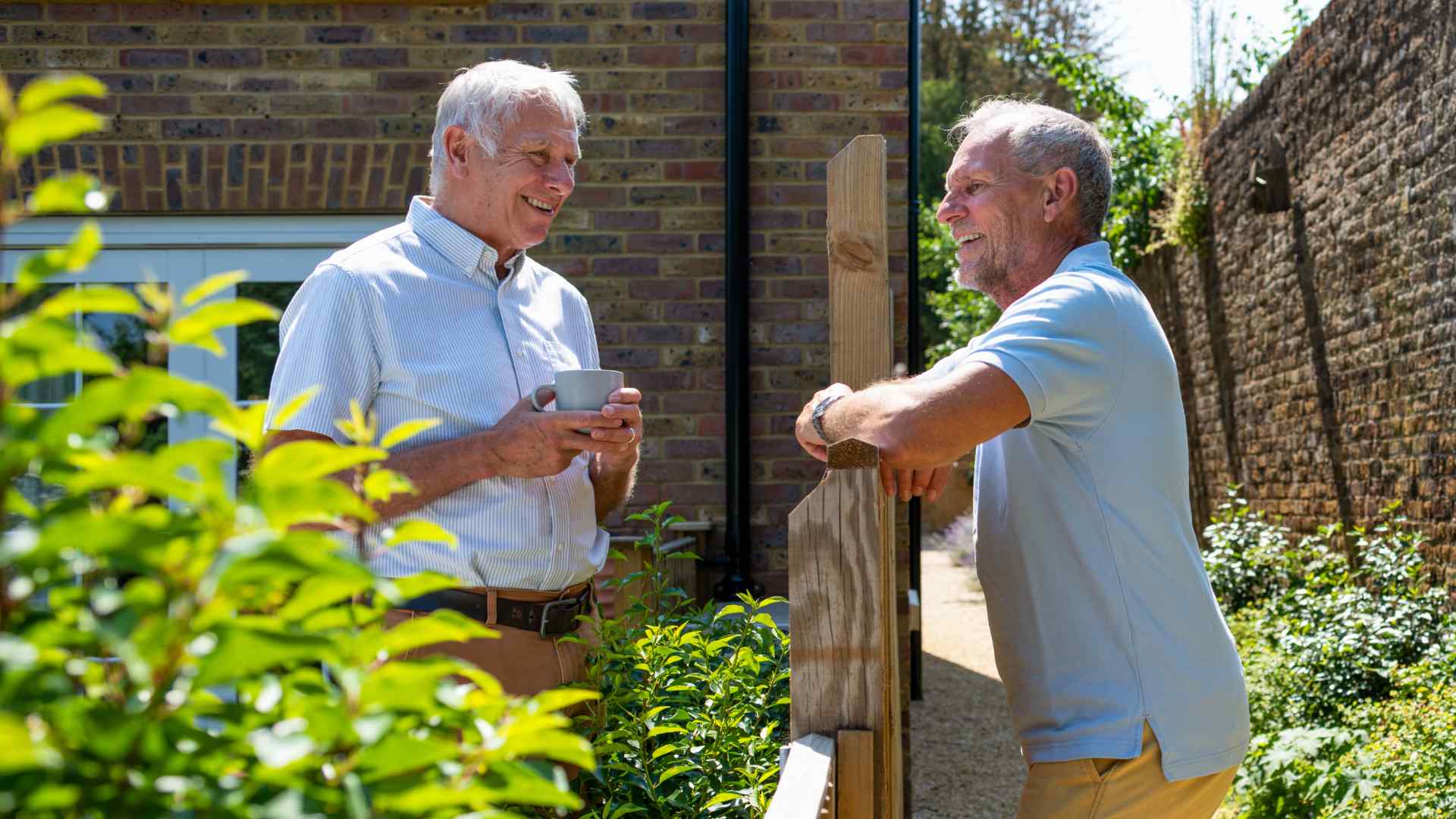 Neighbours chatting over a garden fence