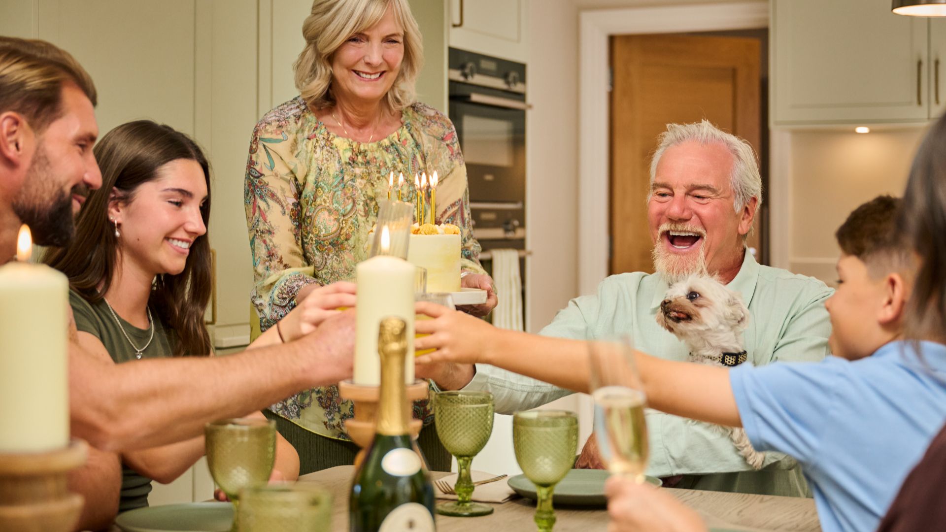 Older adults spending time together in a welcoming kitchen and dining space