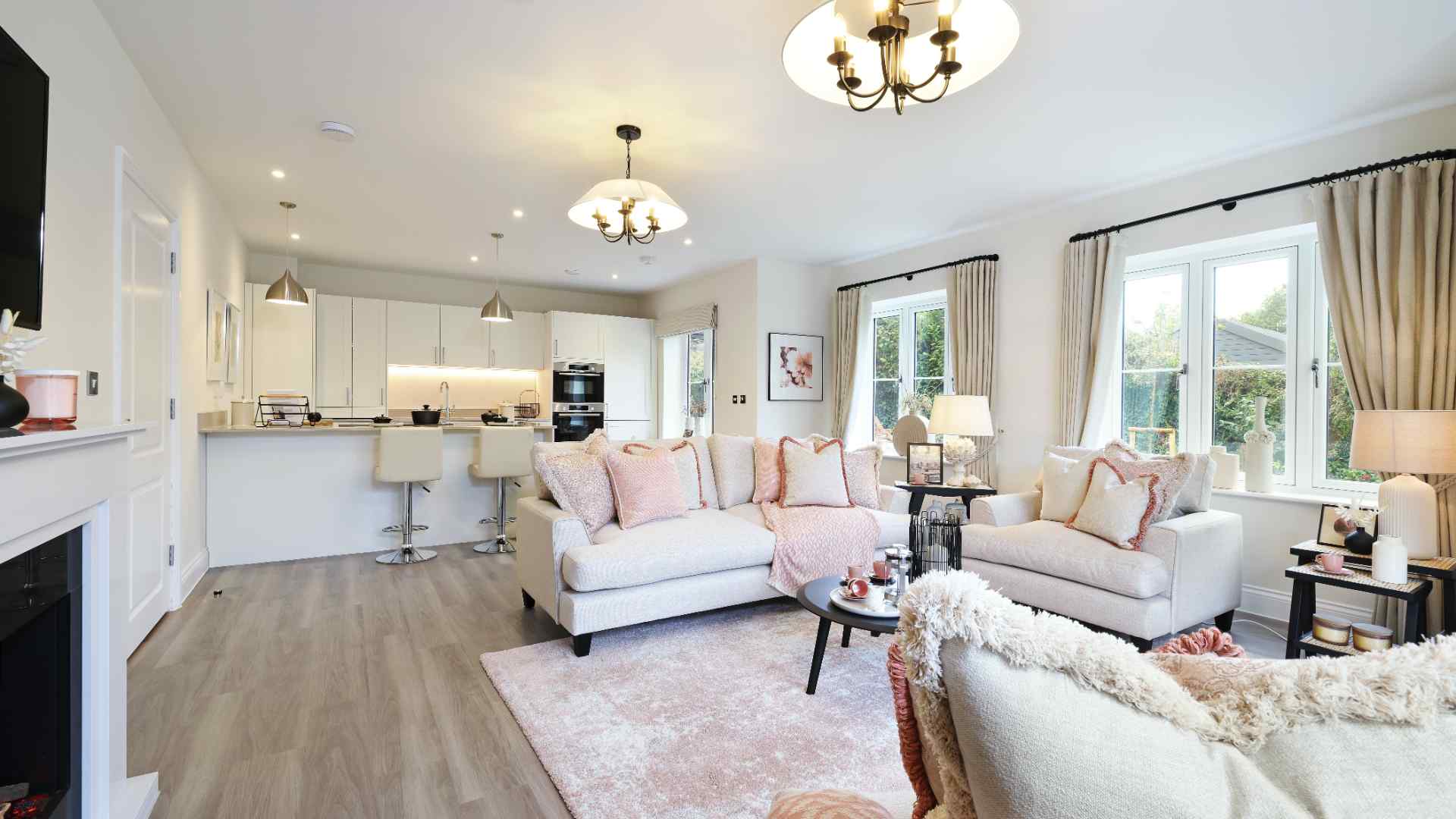 Drawing room and kitchen at Longcross Place