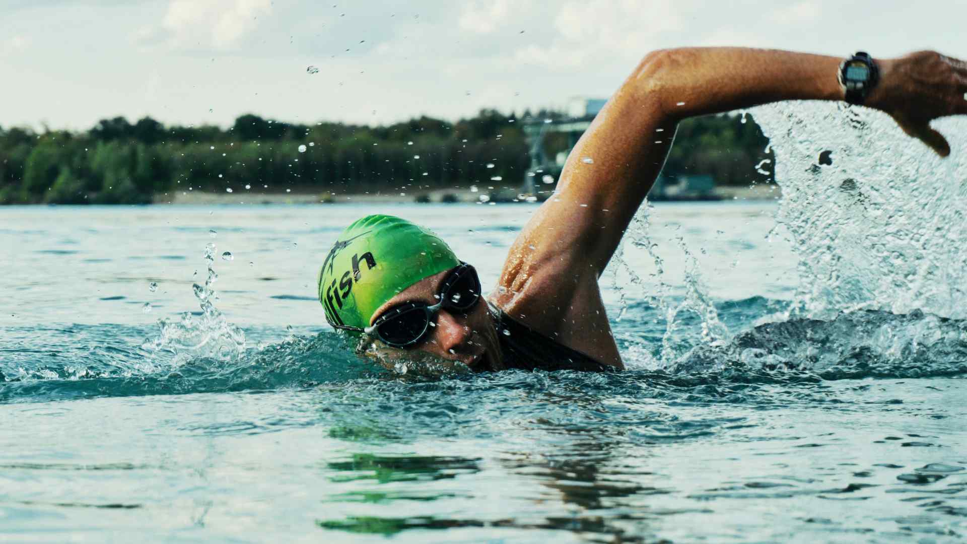 A man swimming in a lake