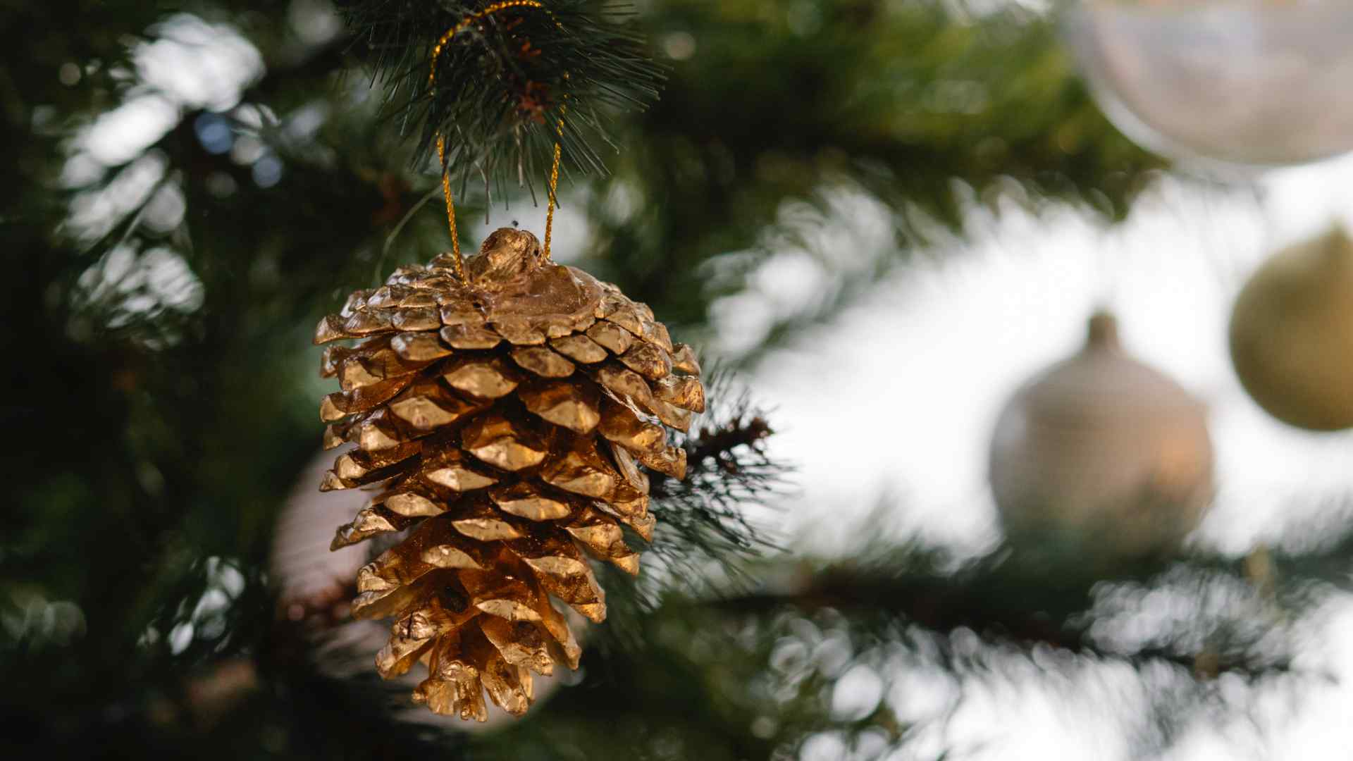 A home-made pinecone decoration on a tree