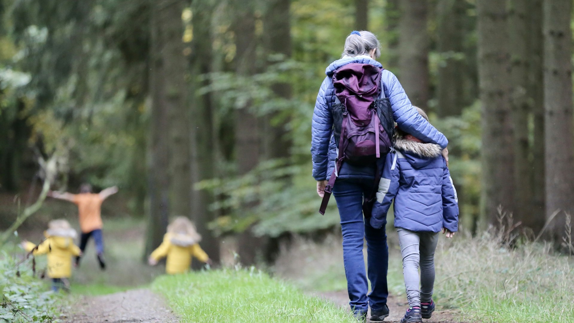 Grandmother hiking through woodland with her grandchildren on a skip-gen family holiday